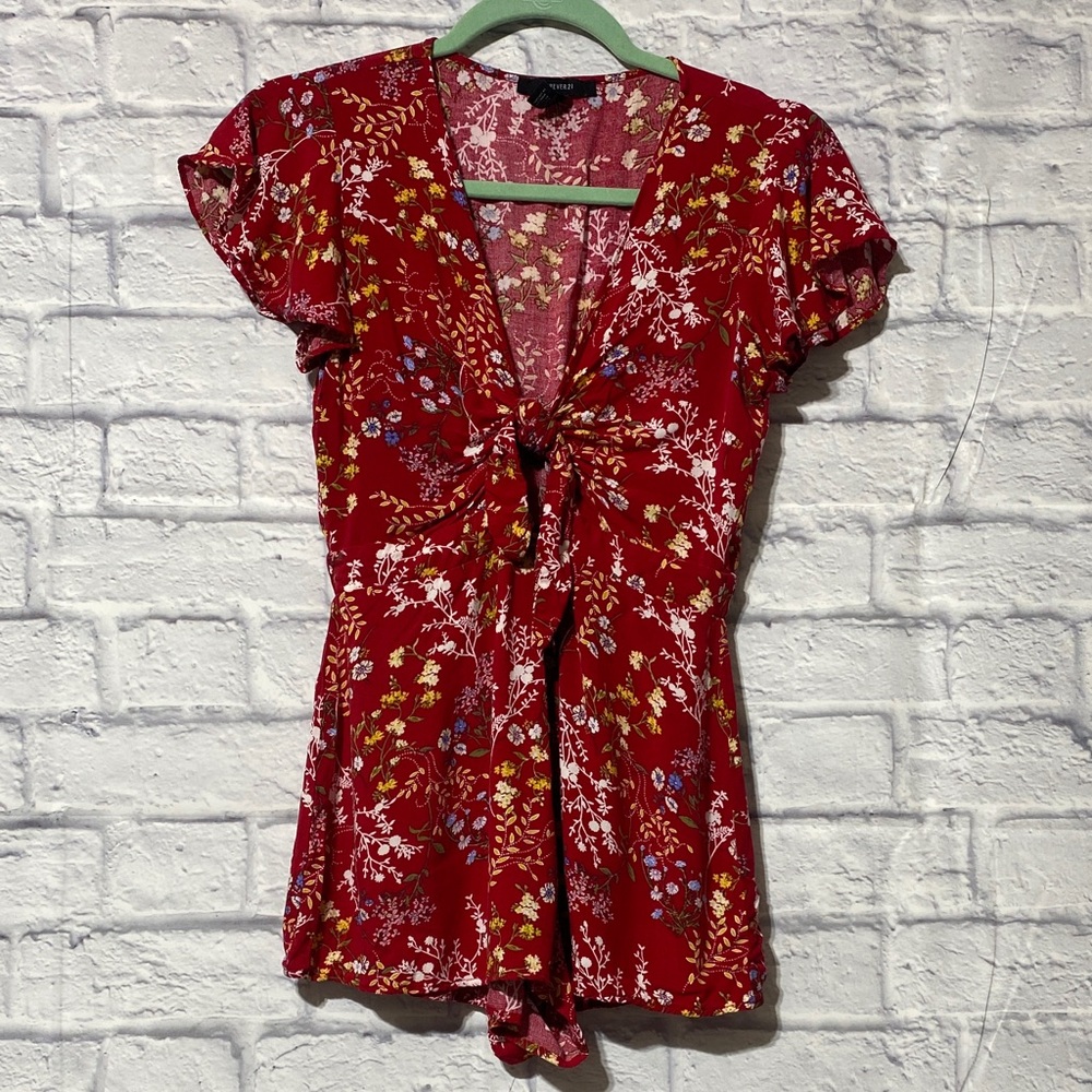 Forever 21 Red Floral Tie-Front Floral romper
